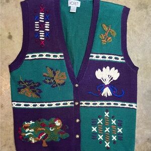 VTG Koret Fall Sweater Vest Acorns Tree Wheat Cottagecore L Green Cream Purple